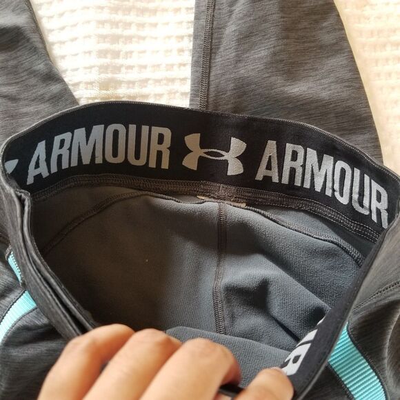 Under Armour HeatGear Women Size S Ankle Crop Compression Leggings Gray & Blue - Picture 4 of 5